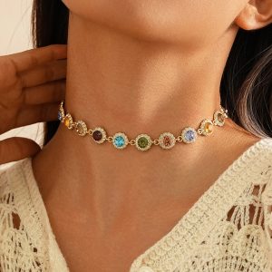 Cross-border same color rhinestone necklace women's foreign trade hot selling personality temperament gemstone necklace round full diamond collarbone chain