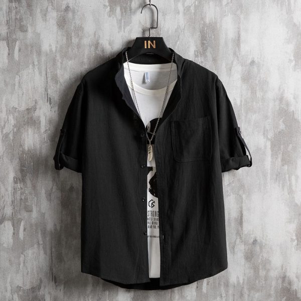 Linen shirt men's short sleeve stand-up collar shirt loose men's Chinese style thin cotton and linen Japanese five-quarter sleeve shirt for men