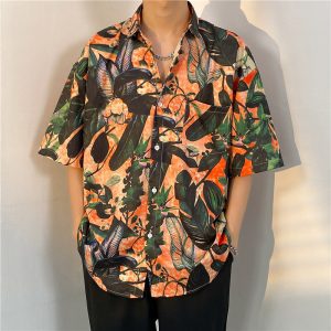 Shirt men's summer thin american retro print short sleeve shirt versatile ins high street casual loose top