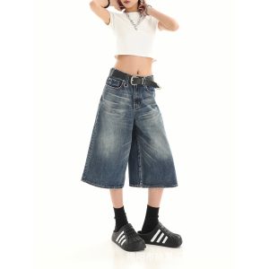 Summer American retro loose small man old-fashioned denim women's high street design sense wide leg 7 points pants summer cross