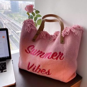 Large Capacity Bags, Canvas Bags, Embroidered Letters, Tote Bags, Women's Bags, Woven Beach Bags, Shoulder Bags
