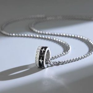 Stainless steel diamond zircon double ring necklace men's niche design high-end pendant boys and women Korean version of the new hot style