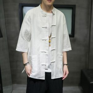 2023 summer new Chinese style cotton and linen men's casual three-quarter sleeve shirt retro fashion linen buckle Tang suit