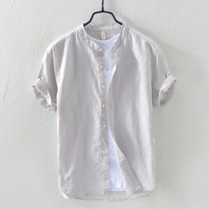 Short sleeve cotton and linen shirt 2025 men's summer small fresh stand-up collar casual breathable loose linen half-sleeve shirt