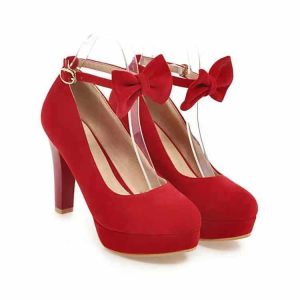 2021 Solid Color Office Low Top Round Toe Women's Thick Heel High Heel Bow Buckle Red Shoes