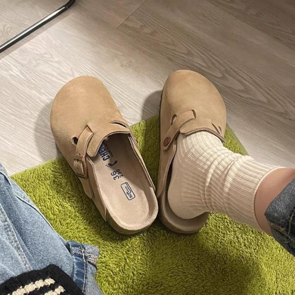 Toe toe half slipper women's 2025 autumn and winter new cowhide retro mules flat casual leather cute Birkenstocks