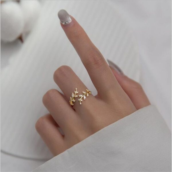 S925 Sterling Silver Ring Wholesale Fashion Personality Small Fresh Diamond Leaf Branch Open Ring Female - Image 3