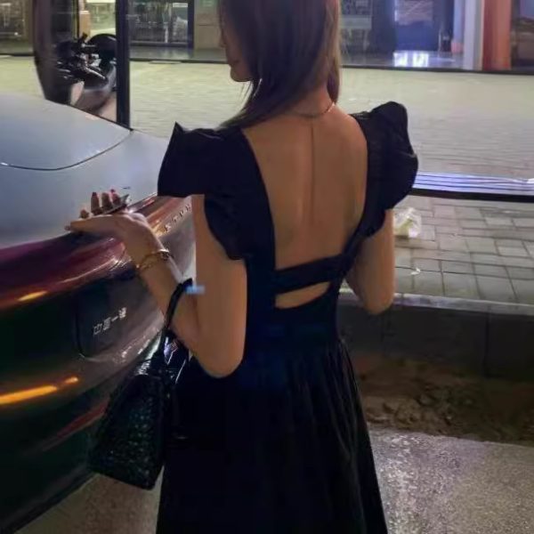Small flying sleeve dress women's new high-end hot girl temperament long skirt 2024 summer sexy black open back