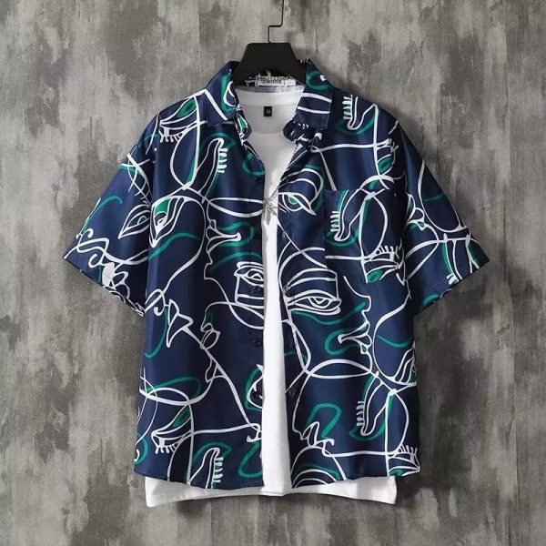 Comic print shirt men's ins trend summer Japanese short-sleeved shirt couple loose design sense niche jacket