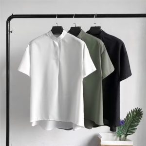 Summer ice silk short-sleeved shirt men's loose Hong Kong style Japanese small stand-up collar shirt ins trend ruffian handsome pullover top