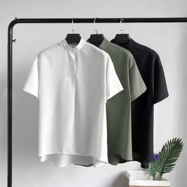 Summer ice silk short-sleeved shirt men's loose Hong Kong style Japanese small stand-up collar shirt ins trend ruffian handsome pullover top