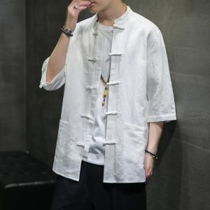 2023 summer new Chinese style cotton and linen men's casual three-quarter sleeve shirt retro fashion linen buckle Tang suit