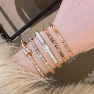 Rose gold titanium steel bracelet women's high-end sense bracelet light luxury niche zircon bracelet plain circle bracelet hand jewelry