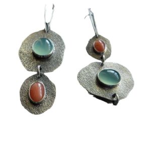 Rong Yu Bohemian mint chalcedony and faux coral earrings Creative asymmetrical vintage Thai silver earrings