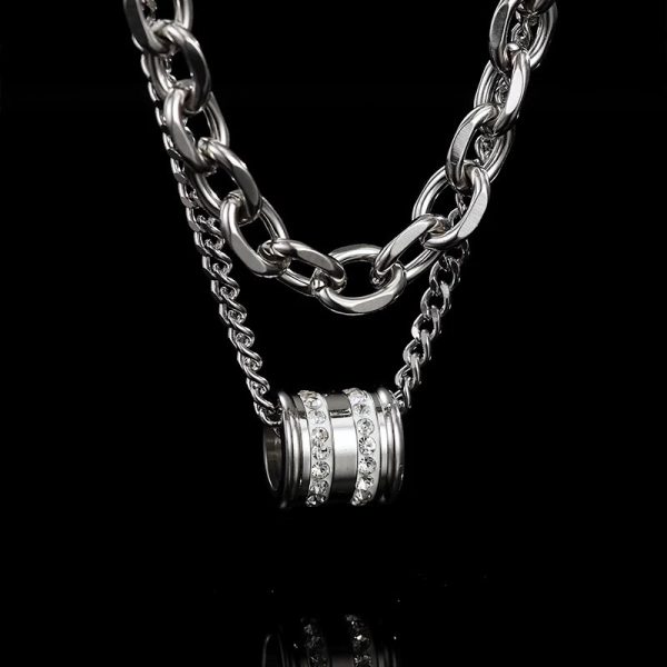 The new double-layered diamond-encrusted beaded titanium steel necklace men's hip-hop trendy high-end collarbone chain is a versatile decoration - Image 4