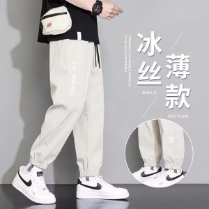 Casual pants men's summer ice silk tide brand straight loose wide-legged handsome cross-border foreign trade cropped slacks sweatpants