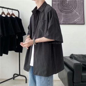 Summer solid color short-sleeved shirt, men's Korean version, trendy, versatile, loose, Hong Kong-style, Japanese-style literary bf, five-quarter sleeve top