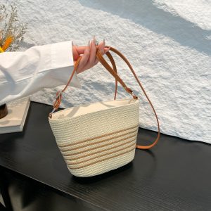 Spring popular vacation style straw woven bucket woven bag women's seaside large capacity versatile shoulder crossbody bag fashion
