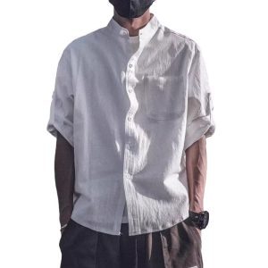 Seven-point linen short-sleeved shirt men's long-sleeved 2021 summer t-shirt casual inch clothes loose large size stand-up collar men's tide