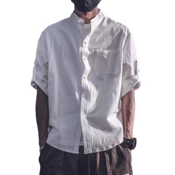 Seven-point linen short-sleeved shirt men's long-sleeved 2021 summer t-shirt casual inch clothes loose large size stand-up collar men's tide - Image 5