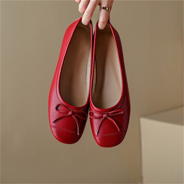 Bow sheepskin little red shoes new versatile square toe soft sole red flat women's shoes leather pumps low heels