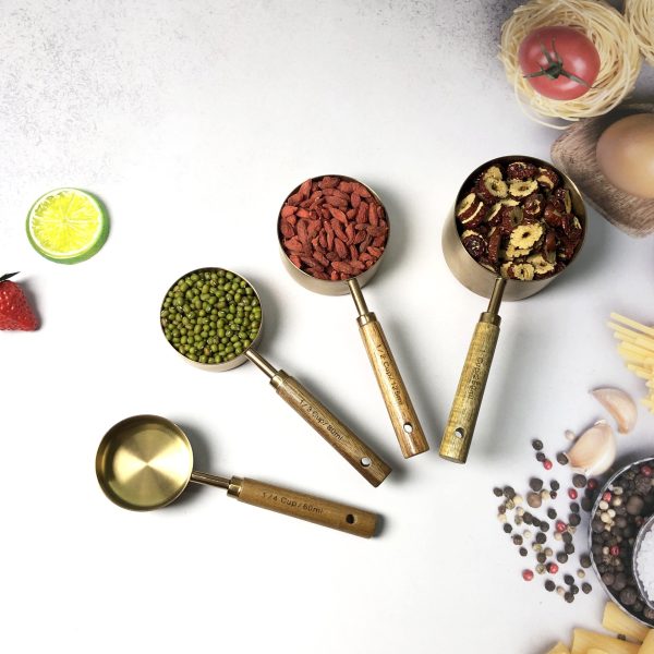 Stainless steel measuring cup measuring spoon 8 pcs set Acacia wooden handle measuring cup measuring spoon baking tool 4 pcs in stock wholesale - Image 2