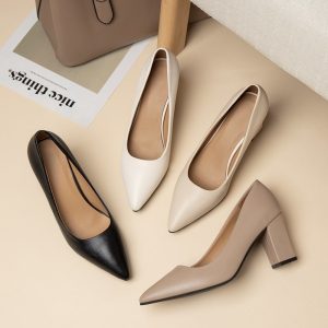 Thick heels pointed toe high heels women's comfortable work etiquette business formal wear Korean version solid color leather shoes four seasons in stock