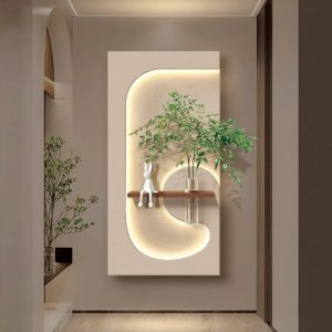 Cream style three-dimensional entrance decoration painting, hydroponic green plants, living room hanging painting, sandstone texture creativity, high-end wall lamp painting