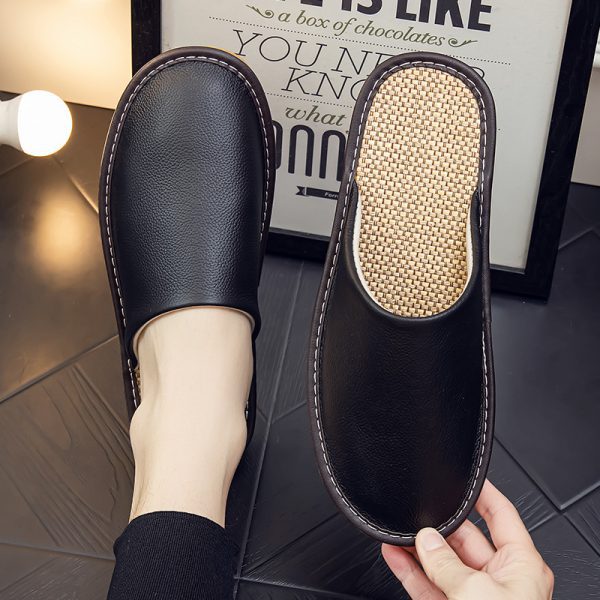 Spring and Autumn Baotou non-smelly feet leather home slippers women's indoor household anti-slip waterproof soft-soled linen sandals men