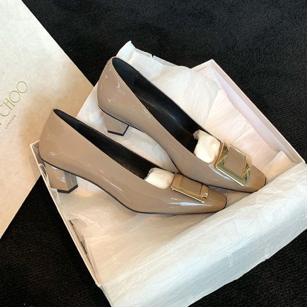 High quality! RV thick heel woman buckle square toe patent leather sexy single shoes wedding shoes daily office lady commuter shoes office