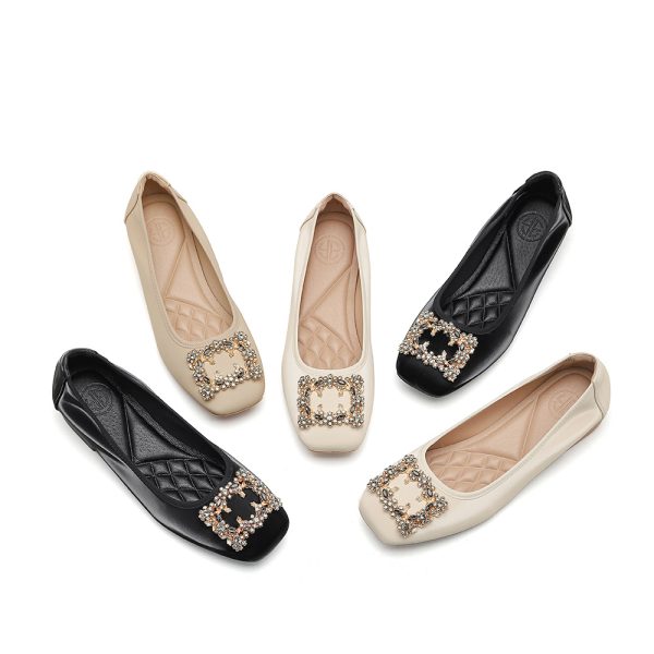 Foreign trade cross-border new square toe ice silk flower diamond gold buckle work shoes low heel soft sole comfortable women's single shoes 313-3