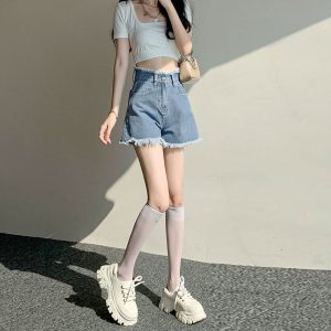 Raw edge fringed denim shorts for women small women, summer 2025 new thin high-waisted A-line loose wide-leg hot pants A