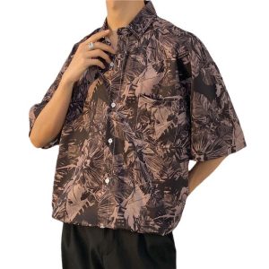 Shirt men's summer thin american retro print short sleeve shirt versatile ins high street casual loose top