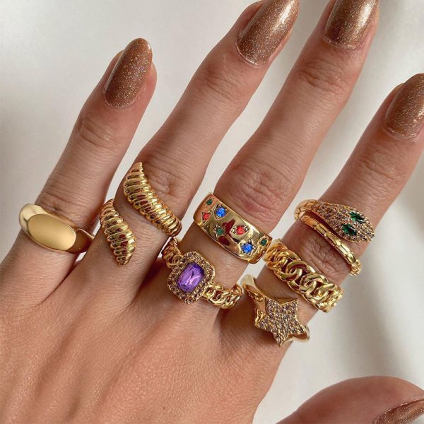 Cross-border hot sale exclusive for personalized alloy 7-piece set ring female star niche stacking set exaggerated opening ring