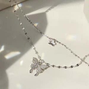 2021 new double-layer butterfly sterling silver necklace female ins niche design sense high-end collarbone chain jewelry pendant
