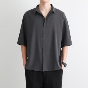 Shirt men's summer loose thin ice silk short sleeve white five-quarter sleeve shirt youth breathable cardigan half sleeve top