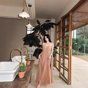 French high-end streamer see-through mesh patchwork bandeau dress women's resort style birthday banquet evening dress