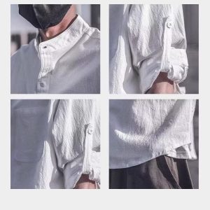 Seven-point linen short-sleeved shirt men's long-sleeved 2021 summer t-shirt casual inch clothes loose large size stand-up collar men's tide