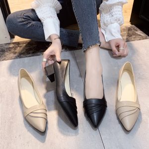 Women's business heel shoes pointed toe mid-heel small leather shoes four seasons new elegant formal fashion women's shoes pleated line