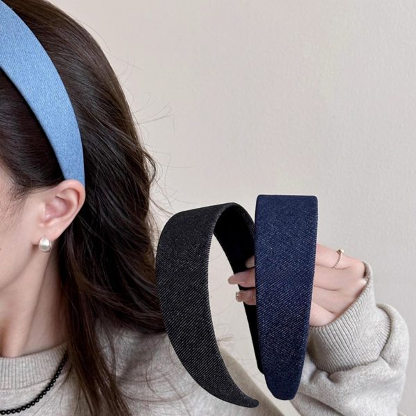 Dongdaemun fashion retro denim headband, small fragrance wide brim simple solid color hair pressed headwear, versatile Internet celebrity hair accessories