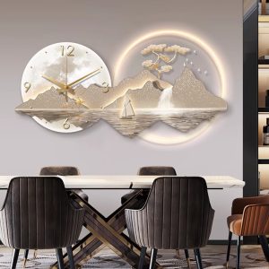 Rizhao Jinshan Restaurant is decorated with light luxury, high-end atmosphere, dining room with clock, hanging wall, living room, creative wall clock