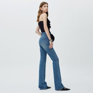 High-end 2025 new four-way stretch bootcut stretch jeans women's dark blue slim and versatile trousers tide