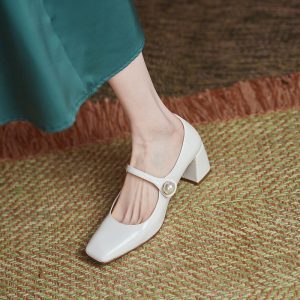 2024 New Spring Red Strap High HeelsMary Jane ShoesPatent Leather Square Toe Block Heel Shoes Wedding Shoes Women