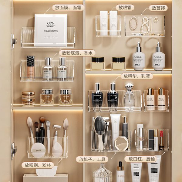 Mirror cabinet, storage box, bathroom cabinet, wall-mounted transparent layered diagonal shelf, cosmetics, lipstick, jewelry, and organizing box