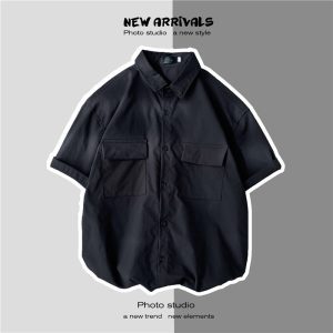 Cargo short-sleeved shirts, men's summer, thin Hong Kong style, ins, handsome, trendy jackets, casual youth couple shirts