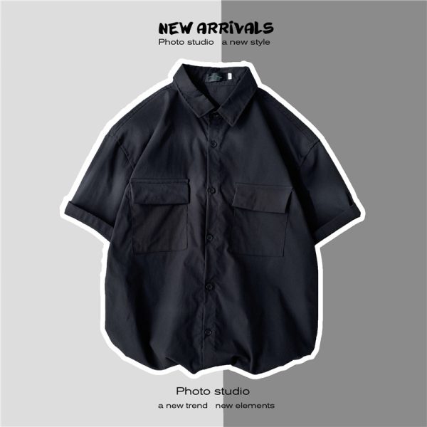 Cargo short-sleeved shirts, men's summer, thin Hong Kong style, ins, handsome, trendy jackets, casual youth couple shirts - Image 2