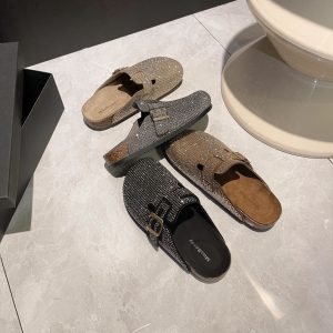 2025 spring new Baotou lazy semi-drag belt buckle leather rhinestone heelless slippers women's versatile