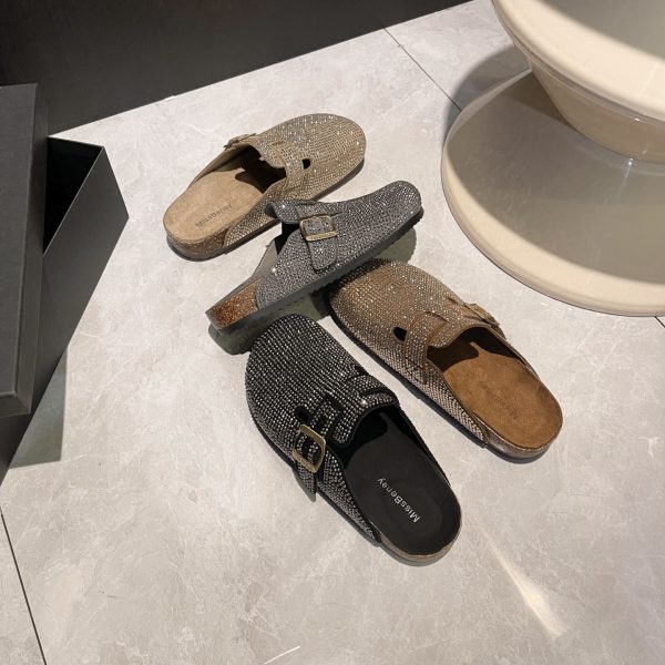 2025 spring new Baotou lazy semi-drag belt buckle leather rhinestone heelless slippers women's versatile
