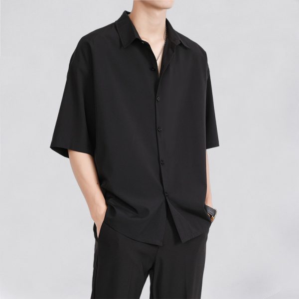 Ice silk shirt men's short-sleeved summer trendy brand trend men's casual jacket high-end sense of handsome five-quarter-sleeved black shirt