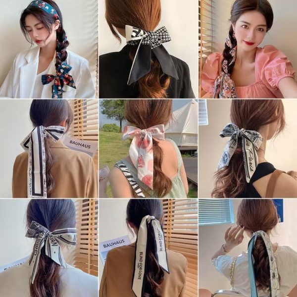 French long silk scarf headband women's 2024 new braided hair rope Korean bow streamer tie hair tie head rope